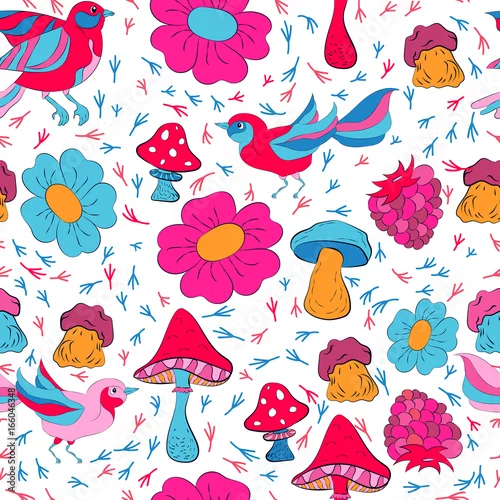 Fototapeta Bezszwowy wzór z doodles elementami dla projekta. wielokolorowe elementy ptaków. Kwiaty, grzyby i ślady łap