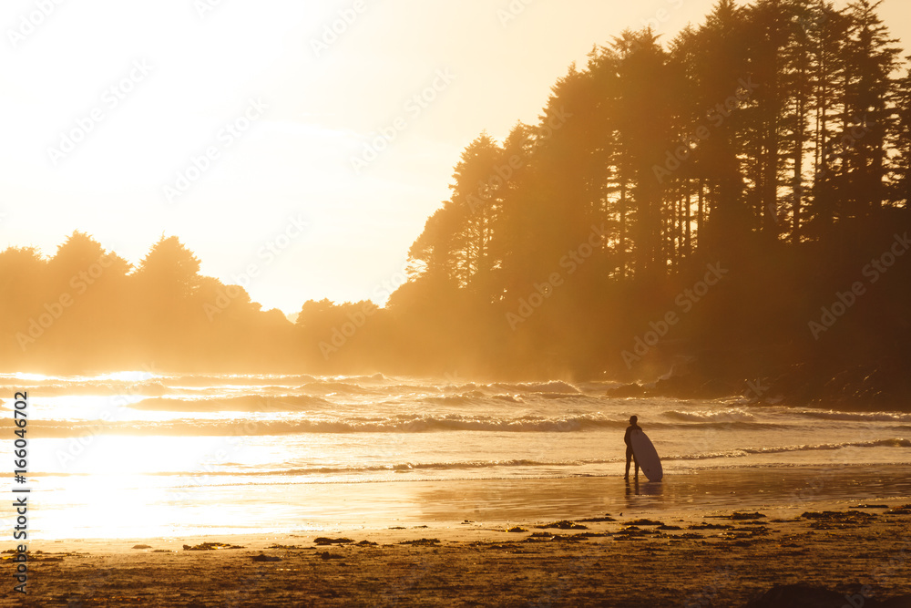 Man with surf walking on the the beach with forest behind while sunset