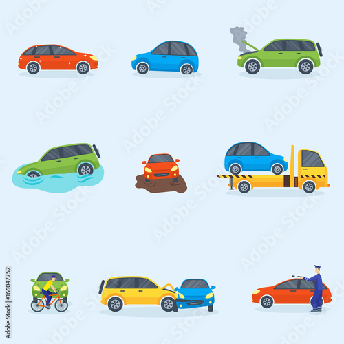 Car crash collision traffic insurance safety automobile emergency disaster and emergency repair transport vector illustration.