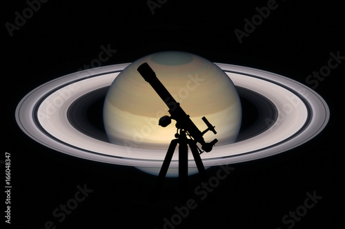 Fototapeta Naklejka Na Ścianę i Meble -  Space background with silhouette of telescope. Saturn planet, isolated on black.