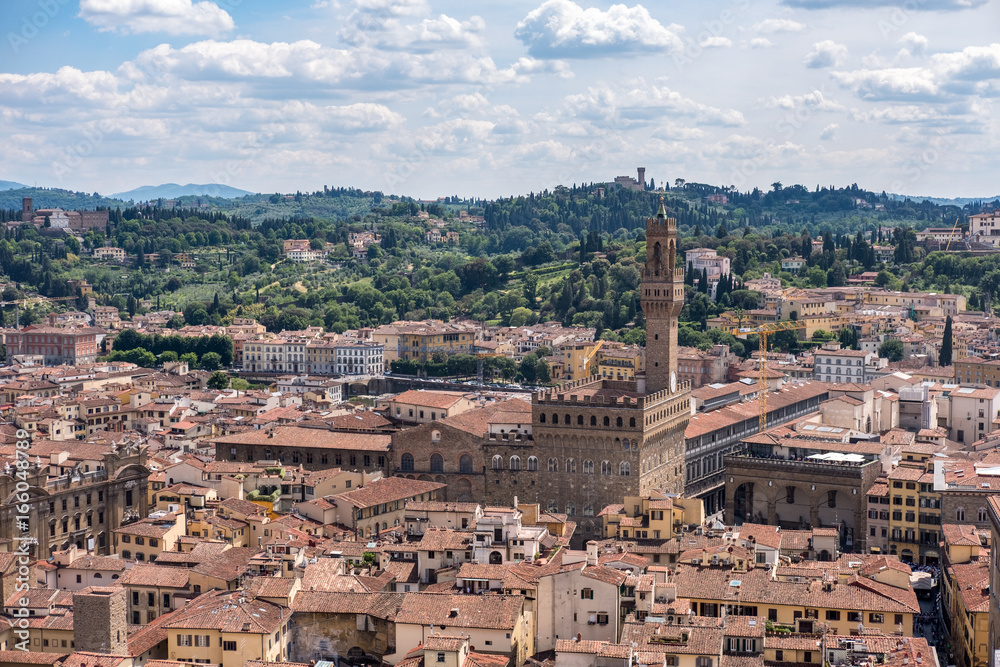Aerial view of Florence with Palazzo Vecchio, the town hall of Florence, Italy