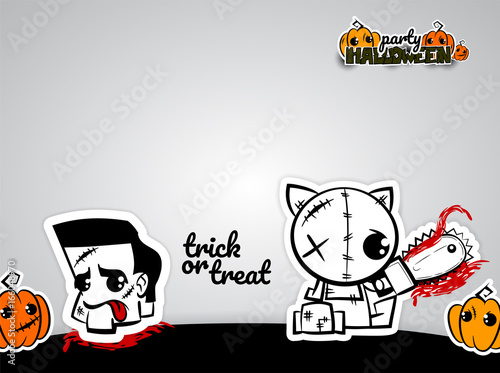 Halloween evil cat blood saw zombie head cartoon funny monster. Pop art wow comic book text poster party. Ugly angry monochrome thread needle sewing voodoo doll. Vector illustration sticker paper.