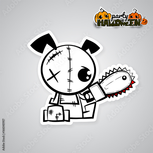 Halloween evil dog blood saw cartoon funny monster. Pop art wow comic book text poster party. Ugly angry monochrome thread needle sewing voodoo doll. Vector illustration sticker paper.
