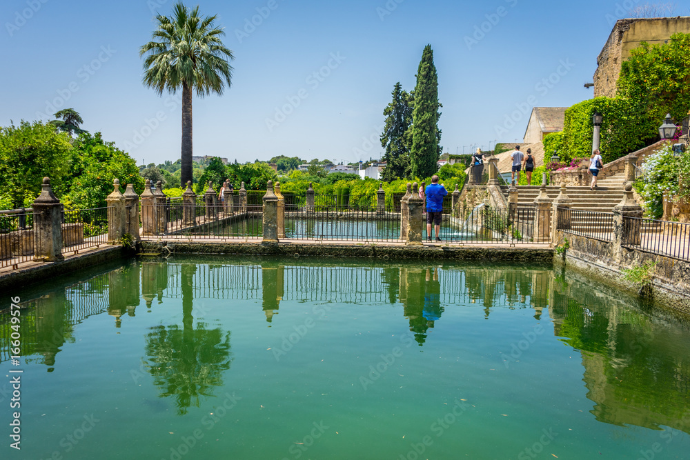 Reflections on a pond at the Alcazar de los Reyes Cristianos castle in Cordoba, Spain, Europe