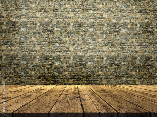 Fototapeta 3D stone wall texture with wooden table