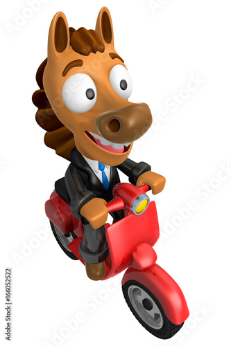 3D Horse character the Red motorbike driving. 3D Animal Character Design Series. © Boians Cho Joo Young