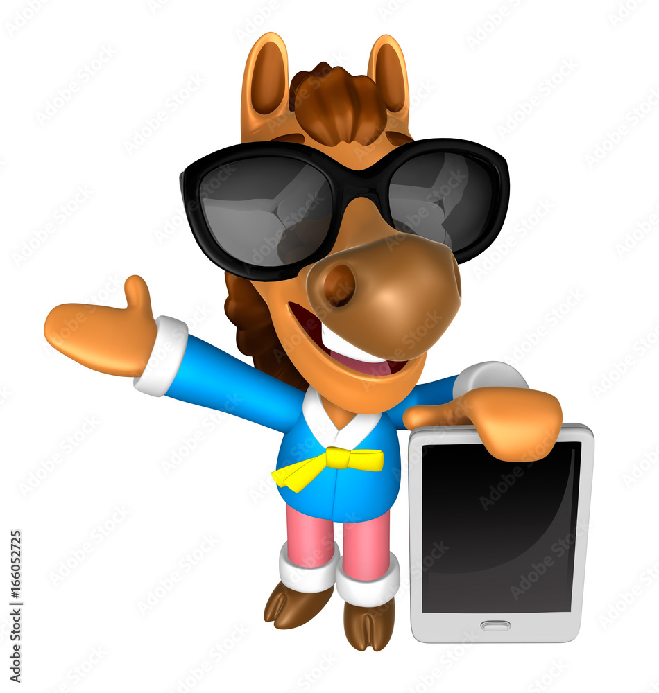 Wear sunglasses 3D Horse mascot the left hand guides and the right hand is holding a tablet PC. 3D Animal Character Design Series. Wear sunglasses 3D Horse mascot the left hand guides and the right hand is holding a tablet PC. 3D Animal Character Design Series.