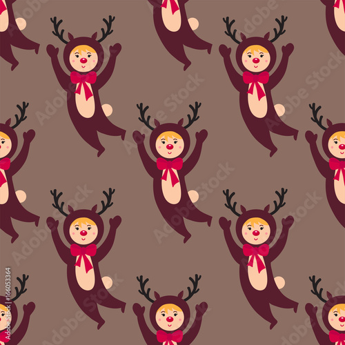 Cute deer kids wearing Christmas costumes vector characters little people seamless pattern cheerful children holidays illustration