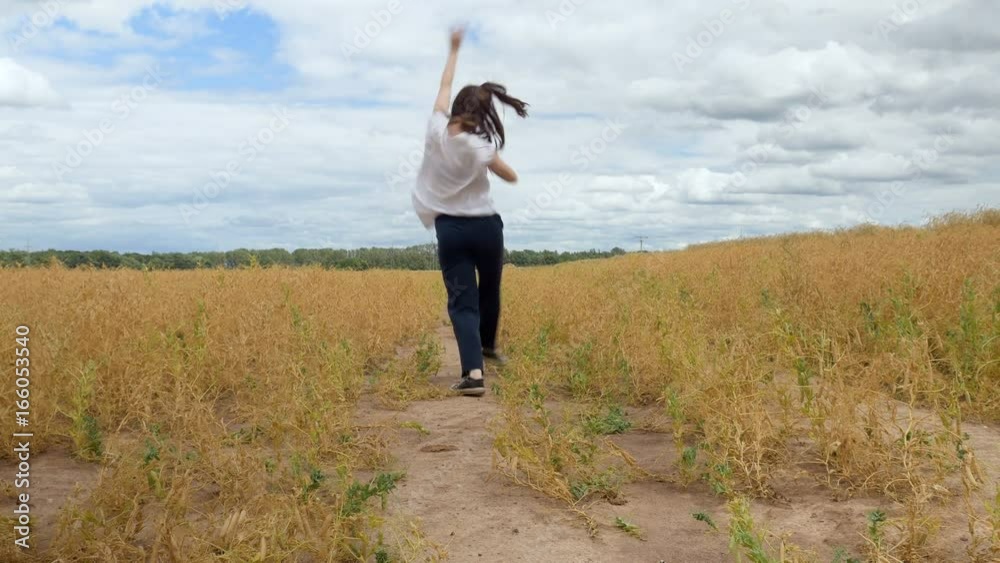 A young woman dances around golden grass. Filmed in long shot with trees and an expansive blue sky in the horizon A young woman dances around golden grass. Filmed in long shot with trees and an expansive blue sky in the horizon
