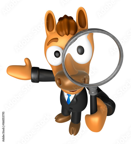 3D Horse mascot look through a magnifying glass. 3D Animal Character Design Series.