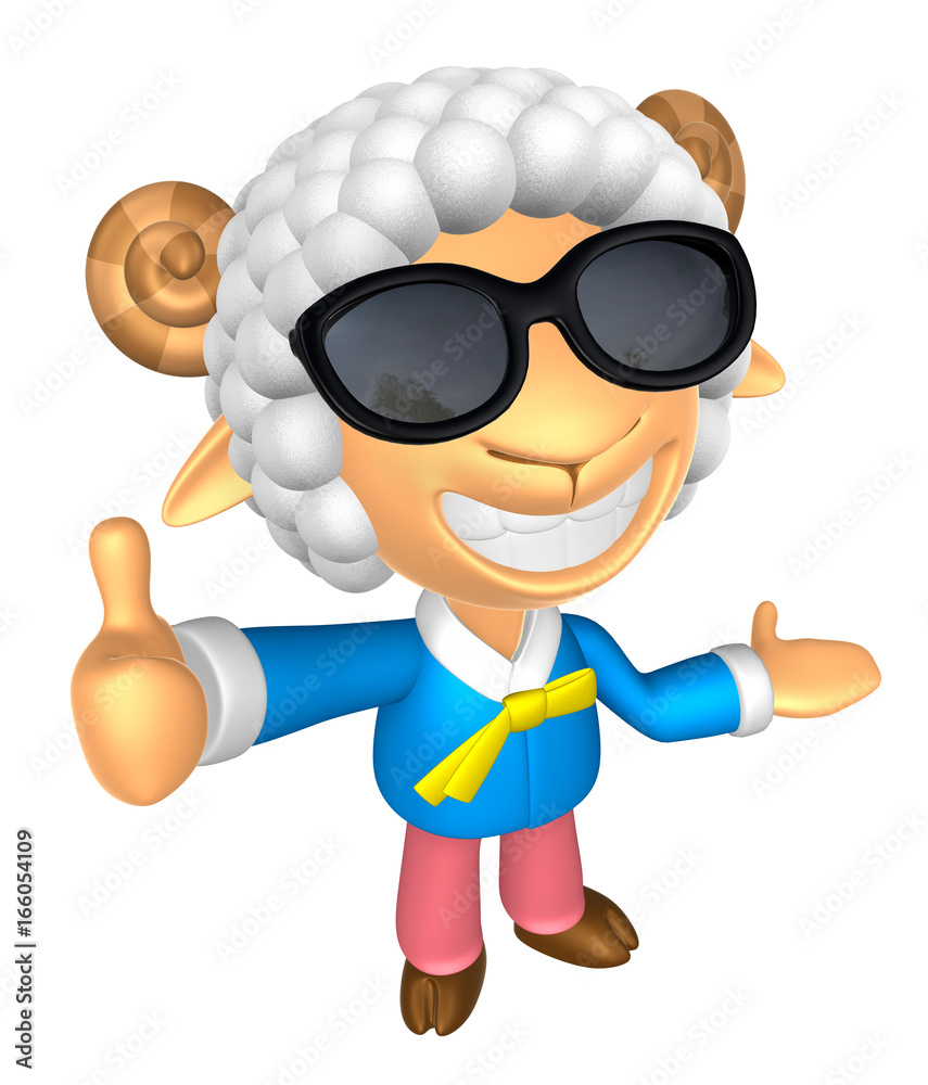 Wear sunglasses 3D Sheep mascot the left hand guides and the right hand best gesture. 3D Animal Character Design Series.