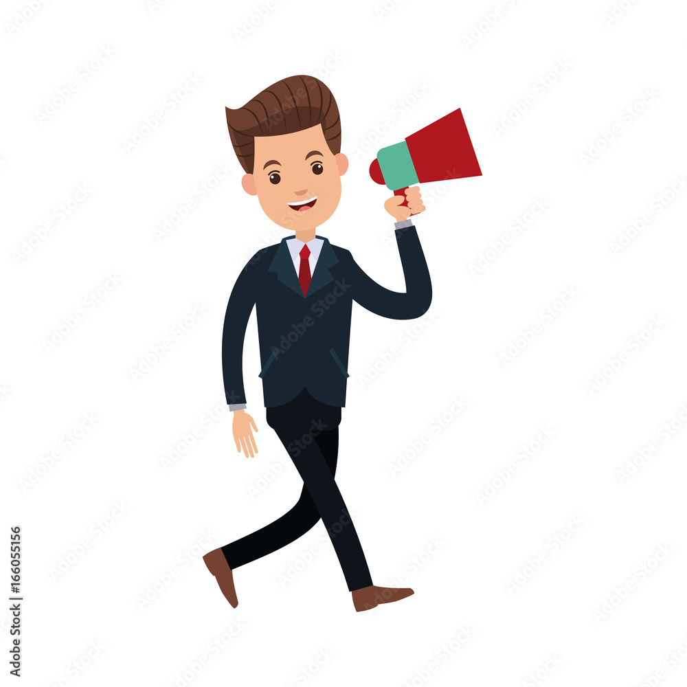 businessman character holding speaker advertising businessman character holding speaker advertising