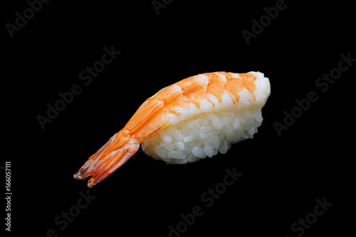 Ebi sushi, Japanese shrimp on Japanese rice.Japanese tradition food cuisine style with black isolated background 