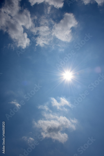眩しい太陽と青空と雲「空想・雲のモンスター」紫外線、熱い、熱中症、未来、熱でとける、暑い、夢などのイメージ