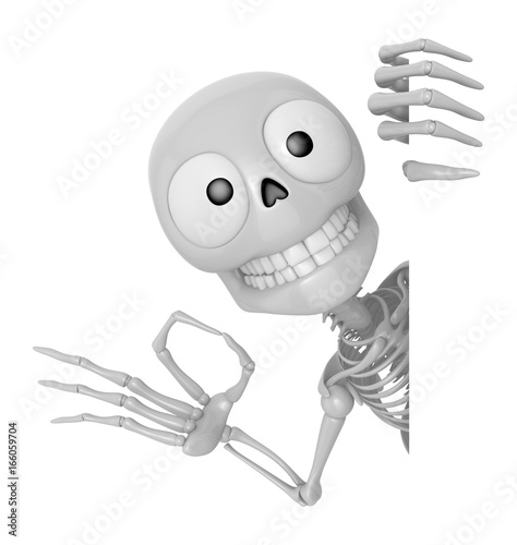 3D Skeleton Mascot the left hand OK gesture and right hand is holding a board. 3D Skull Character Design Series.