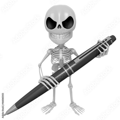3D Skeleton Mascot is holding a big ballpoint pen with both hands. 3D Skull Character Design Series.