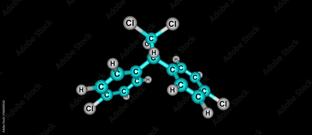 Dichlorodiphenyltrichloroethane or DDT molecular structure isolated on black