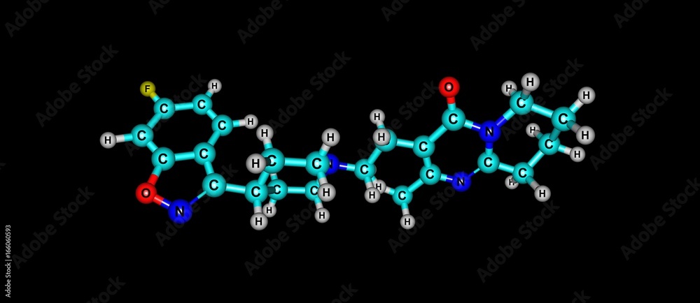 Risperidone medication molecular structure isolated on black