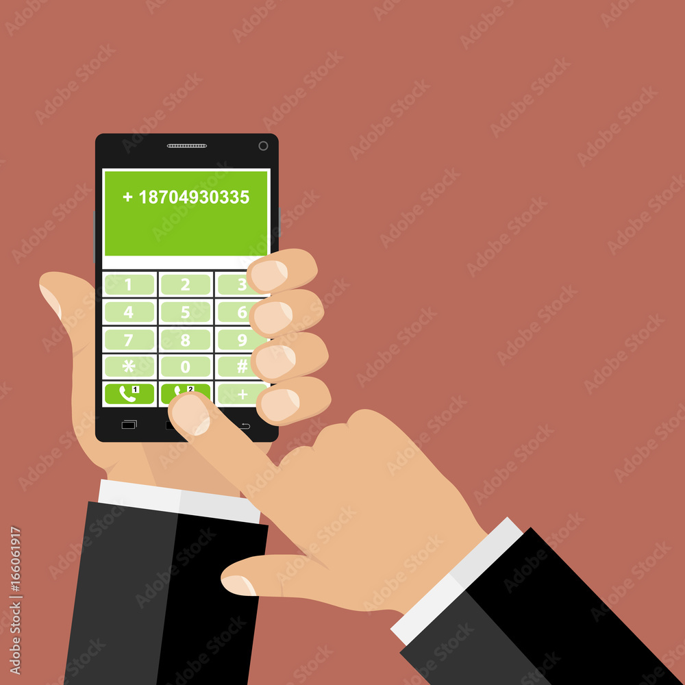 The hand dials the phone number, hands hold the phone The hand dials the phone number, hands hold the phone
