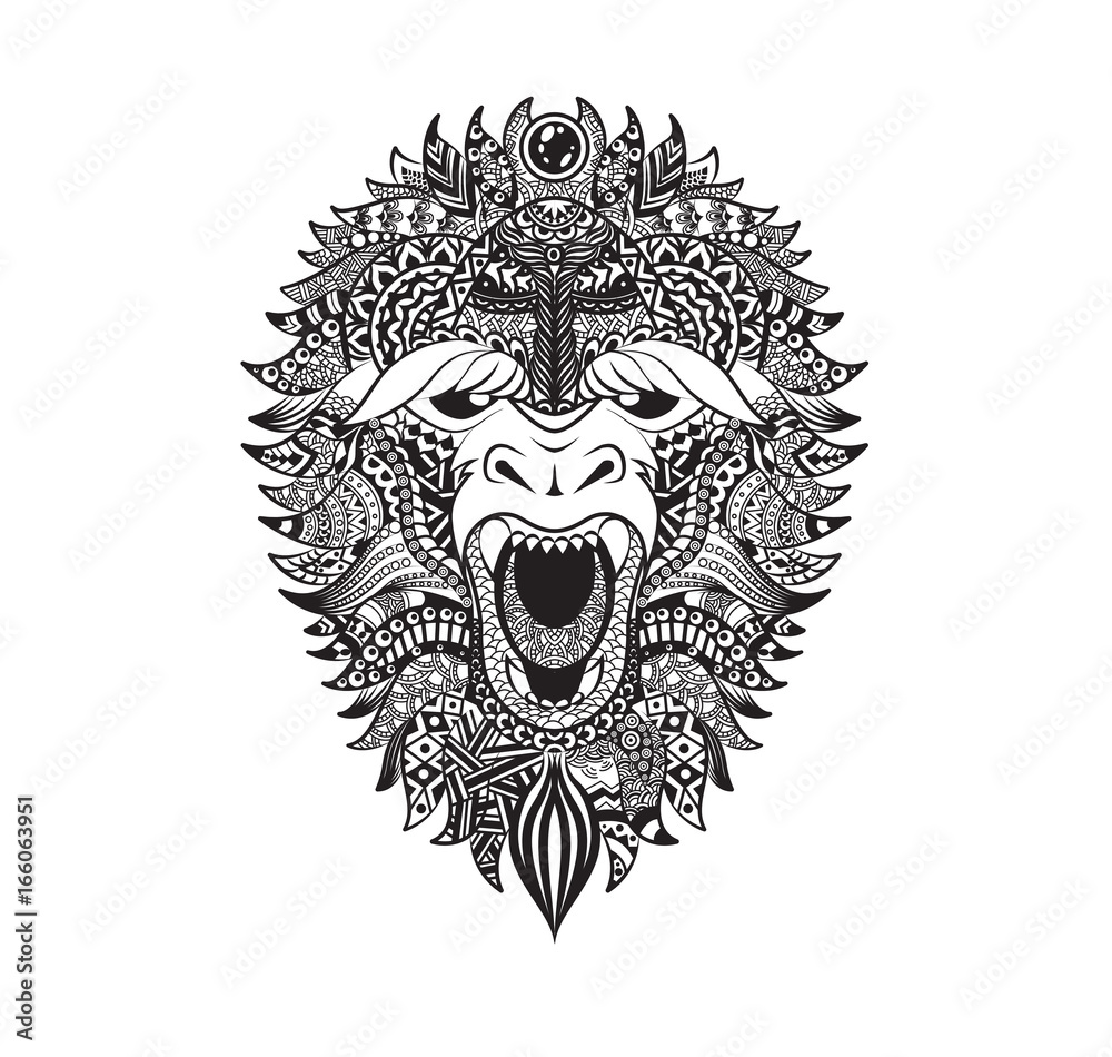 Vector illustration abstract isolated predatory unusual grin wild animal yeti decorated black linear doodle
