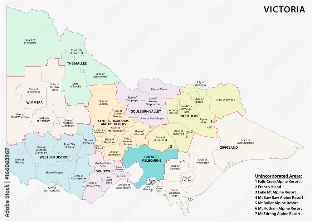 Administrative and political map of the australian state victoria