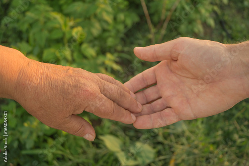 Old and adult person holding hands. Elderly care and respect. Mother and son. © Anastasia Gapeeva