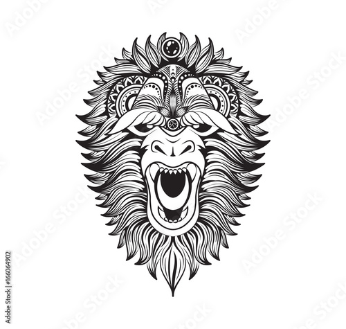 Vector illustration abstract isolated predatory unusual grin wild animal yeti decorated black linear doodle