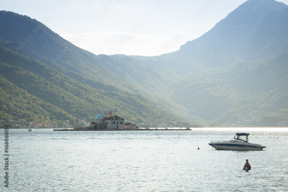 An island with a church near perast in the bay of Kotor in Montenegro
