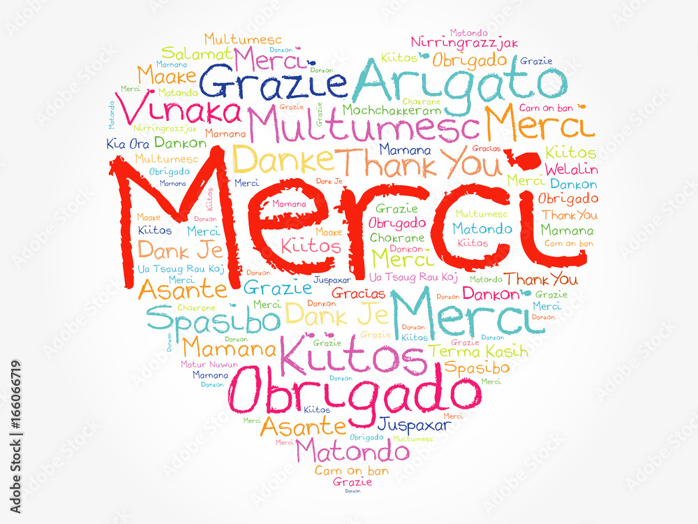 Merci (Thank You in French) love heart Word Cloud, all languages ...