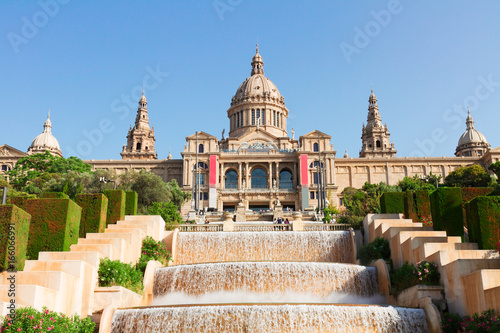 view of National museum of Barcelona with cascade of fountains, Catalonia Spain