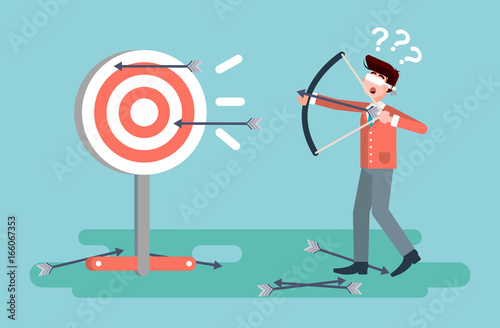Vector illustration businessman hits target unsuccessful shot from bow regression wrong solution business failure marketing unachievable unlucky idea non-progress loss start-up in flat style photo