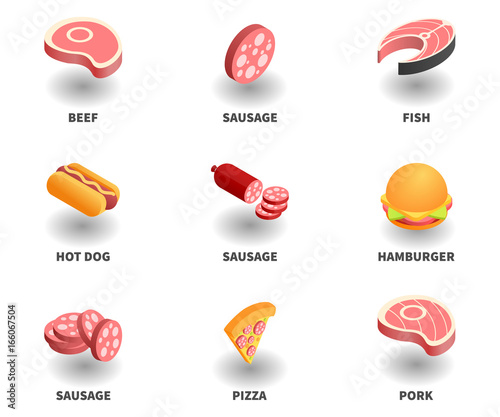 Simple Set of 3D Isometric Icons. Contains such Icons as beef, sausage, fish, hot dog, hamburger, pizza, pork.