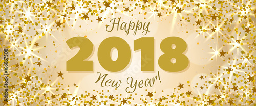 Happy New Year 2018 greeting horizontal banner. Festive illustration with colorful confetti, party popper and sparkles. Vector