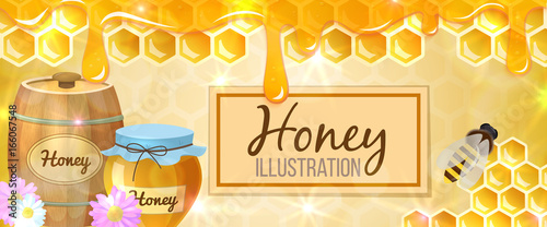 Colorful illustration, honey horizontal banner, organic nature product. Vector