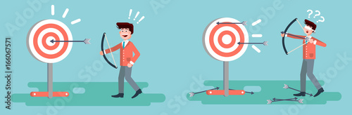 Vector illustration businessman hits target unsuccessful and successful shot from bow right wrong solution business failure or excellent marketing unlucky idea win loss start-up in flat style