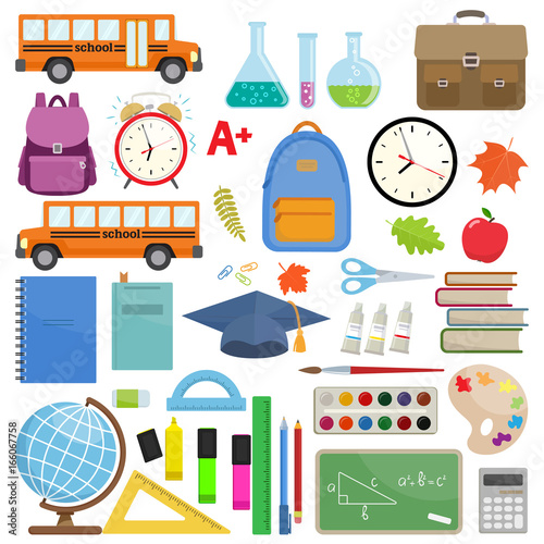 Set of different school supplies. First day of school, Back to school flat icons. Vector