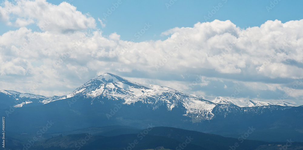 Panoramic view over Carpathian Mountains in wintertime