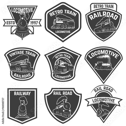Set of the emblems with vintage trains isolated on white background. Design elements for logo, label, emblem, sign, badge. Vector illustration