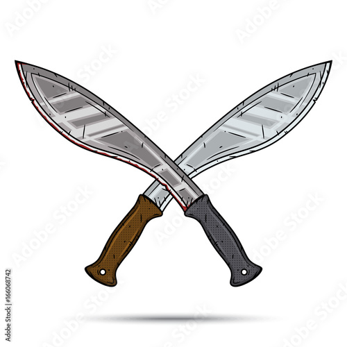 Two crossed cartoon machetes. Cartoon kukri. Vector illustration isolated on white background.
