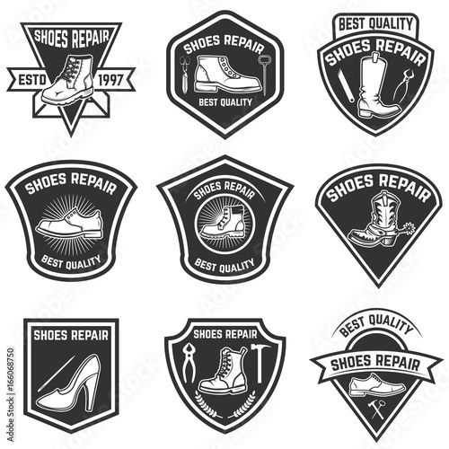 Set of shoe repair emblems isolated on white background. Design elements for logo, label, emblem, sign, badge. Vector illustration