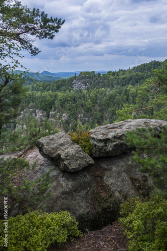 View from "Mariina vyhlídka". Landscape with rocks and forests.
