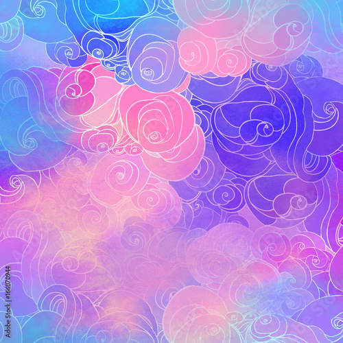 Color raster abstract hand-drawn pattern with waves and clouds in neon pastel colors. Retro gothic style. © vgorbash