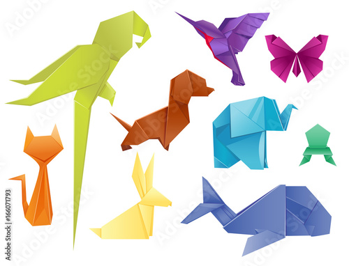 Animals origami set japanese folded modern wildlife hobby symbol creative decoration vector illustration. photo