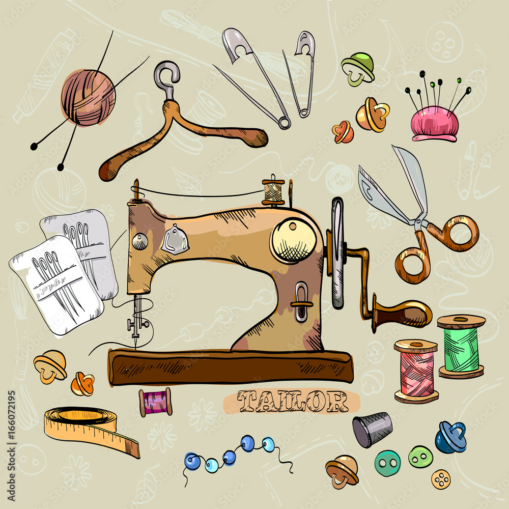 Seamstress and tailor sewing machine tools for scrapbooking hand drawn elements