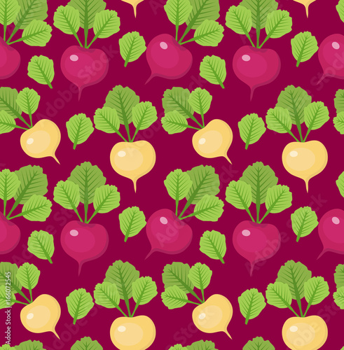 Fototapeta Naklejka Na Ścianę i Meble -  Radish seamless pattern. Red and white radishes endless background, texture. Vegetable background. Vector illustration