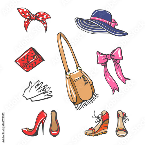 Girls fashion accessories isolated on white background. Vector colorful cartoon shoes, hat, bags