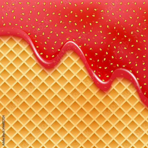 Strawberry jam on wafer vector horizontal background. Delicious dessert food texture