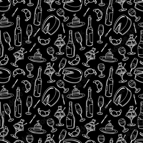 Hand drawn popular french food and drinks seamless pattern, vector illustration