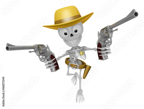3D Skeleton Mascot is cowboys holding a revolver gun with both hands. 3D Skull Character Design Series.
