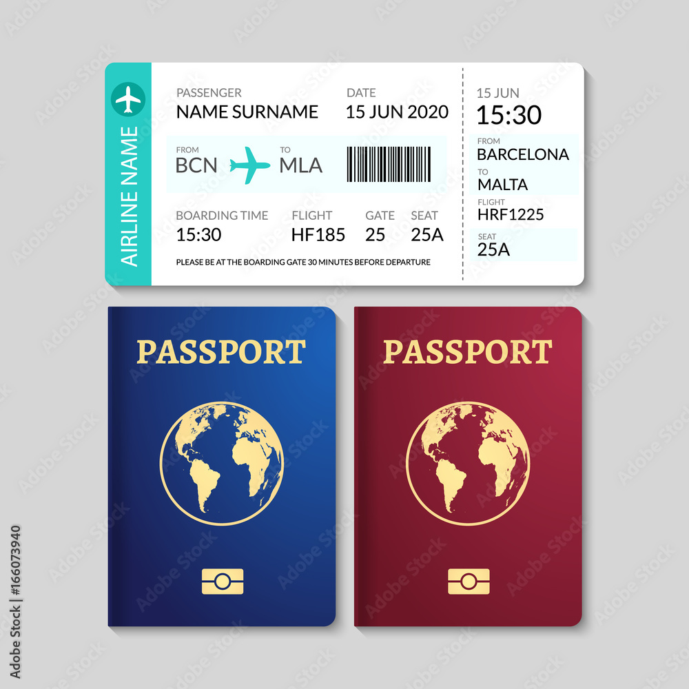 Vector passport illustration with tickets. Travel international id document. Journey flight pass Vector passport illustration with tickets. Travel international id document. Journey flight pass